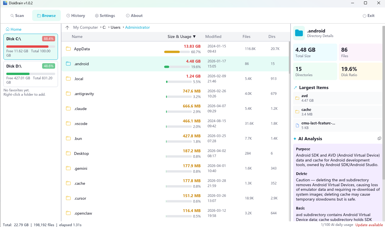 DiskBrain app showing disk usage tree with color-coded size bars